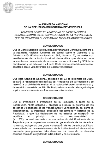 #AN Acuerdo sobre el abandono de las funciones constitucionales de la presidencia de la república en que ha incurrido el ciudadano Nicolás Maduro Moros